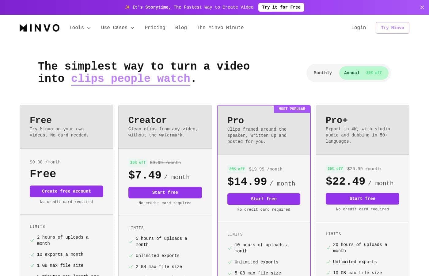 Minvo pricing page screenshot