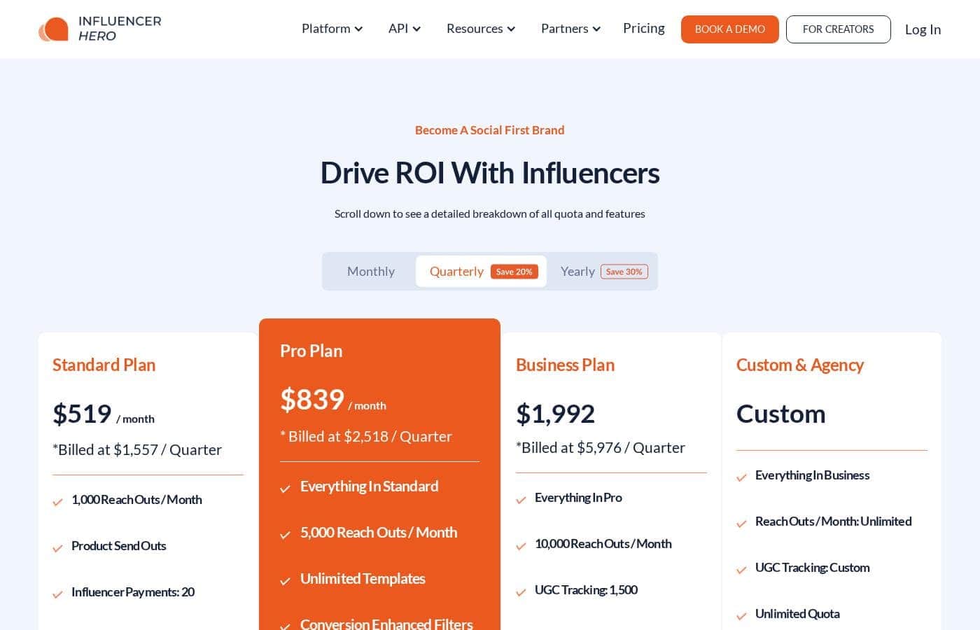 Influencer Hero pricing page screenshot