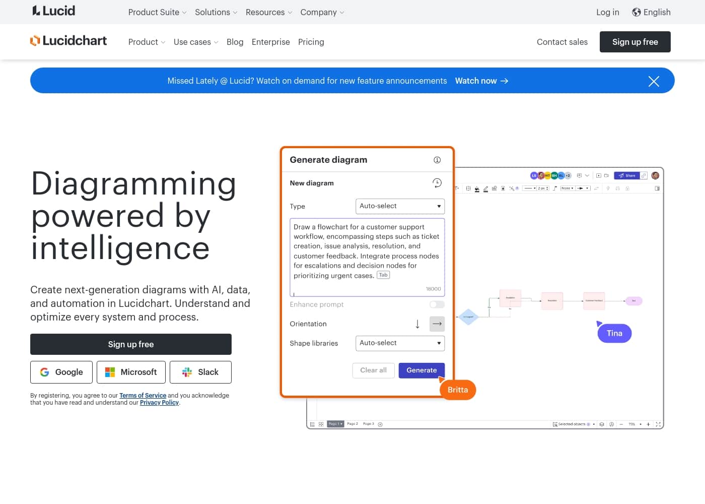 Lucidchart 홈페이지 스크린샷