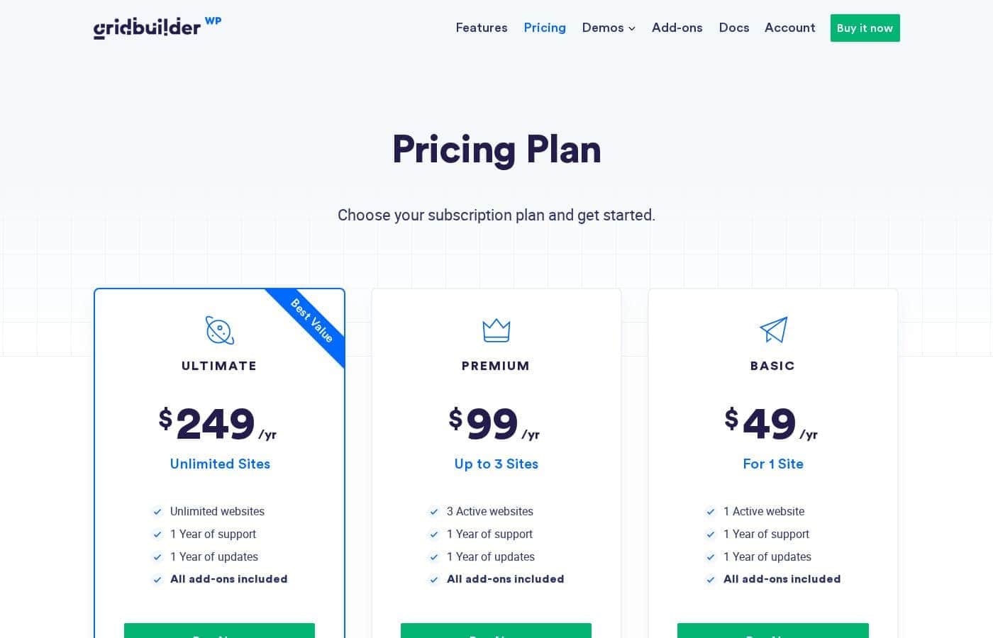 WP Grid Builder pricing page screenshot