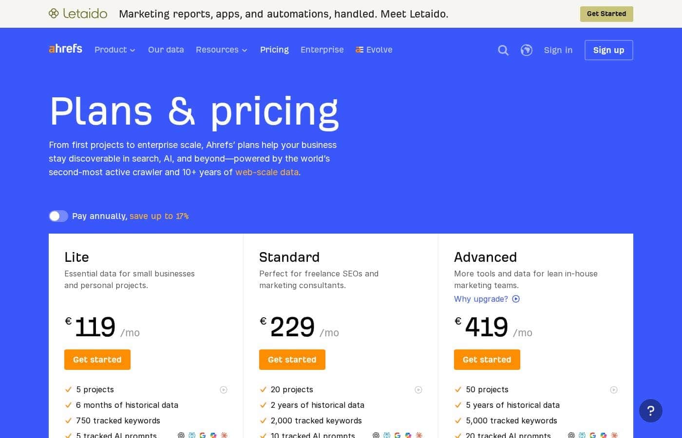 Ahrefs pricing page screenshot