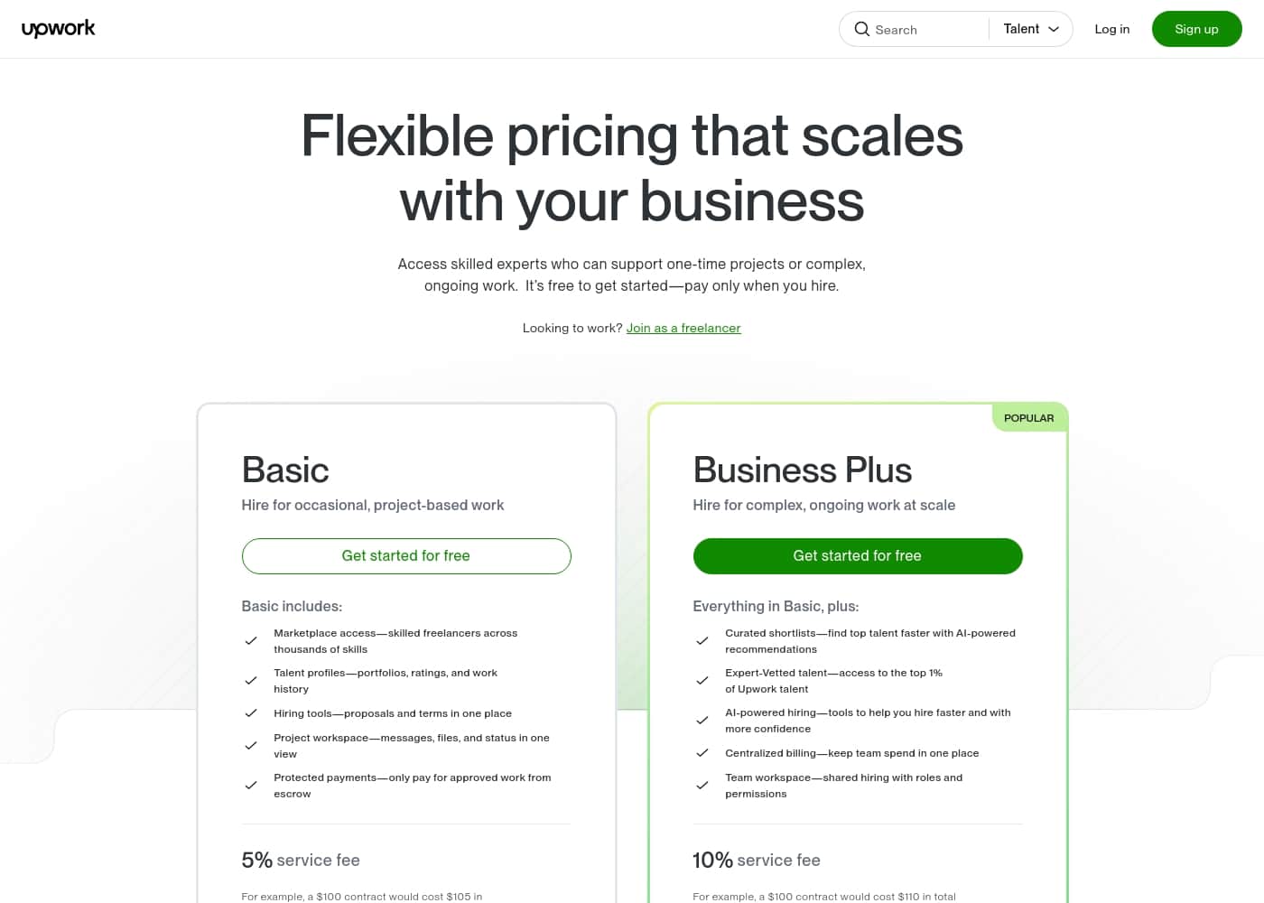 Upwork pricing page screenshot