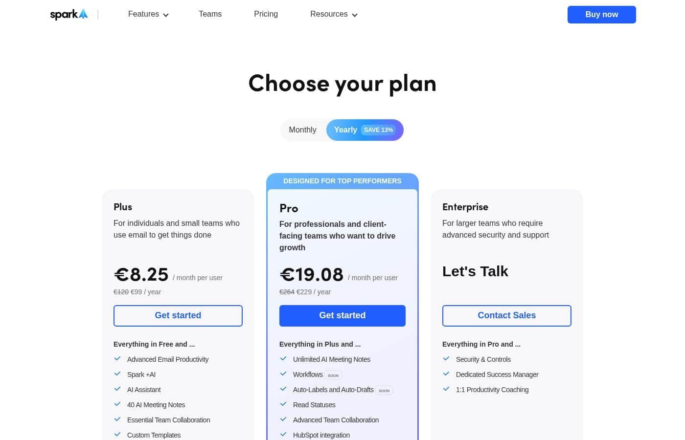 Скриншот страницы цен Spark Mail