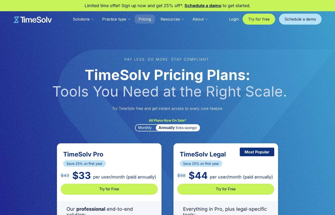 Captura de la página de precios de TimeSolv
