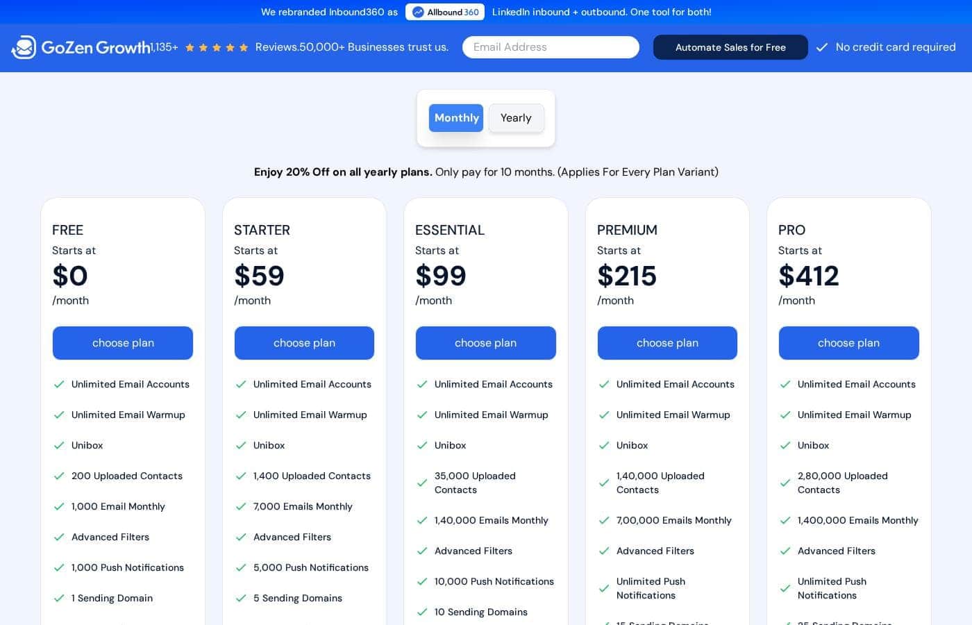GoZen Growth pricing page screenshot