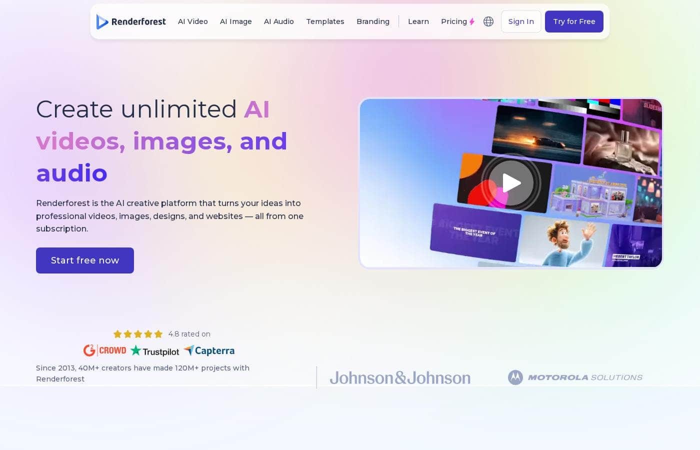 Screenshot della homepage di Renderforest