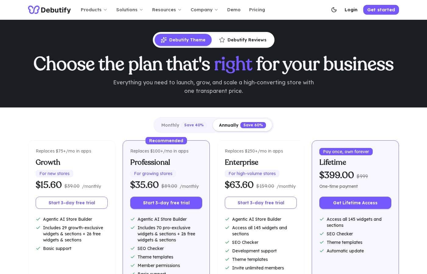 Captura de la página de precios de Debutify