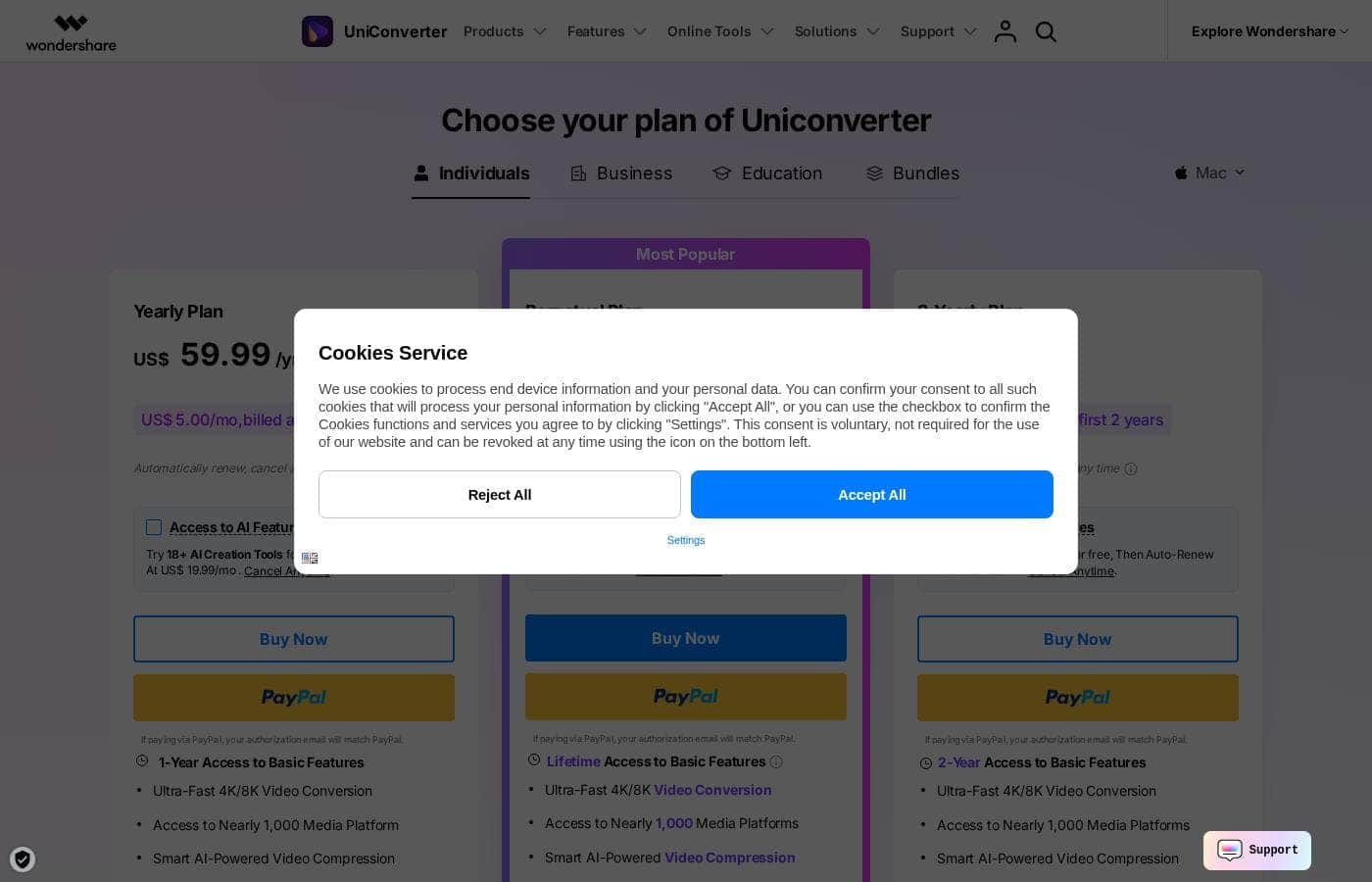 Screenshot della pagina prezzi di UniConverter