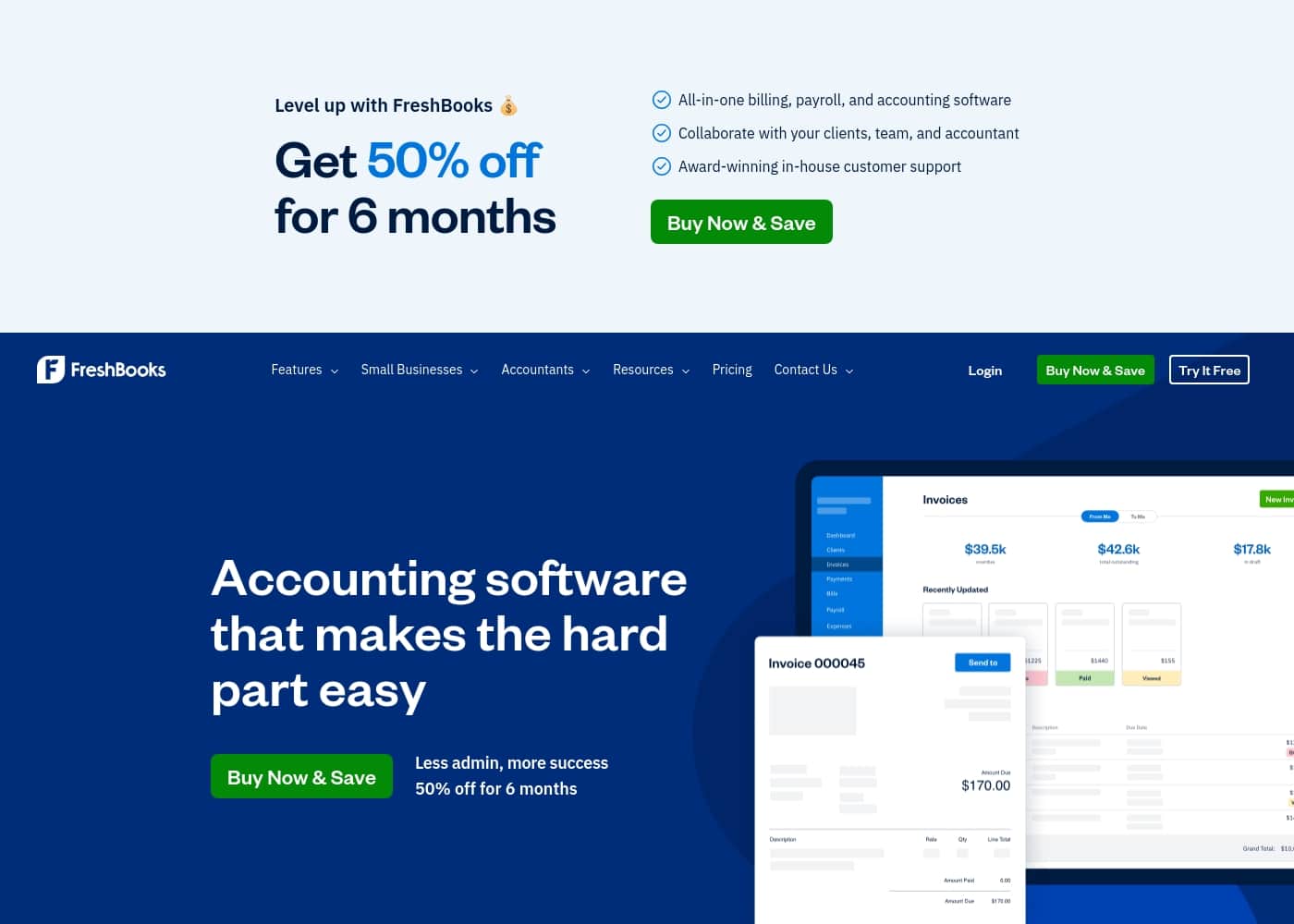 Captura de pantalla de la página de inicio de Freshbooks