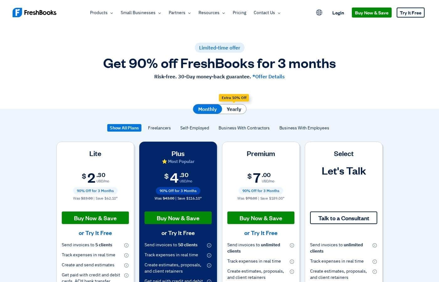 Freshbooks 가격 페이지 스크린샷