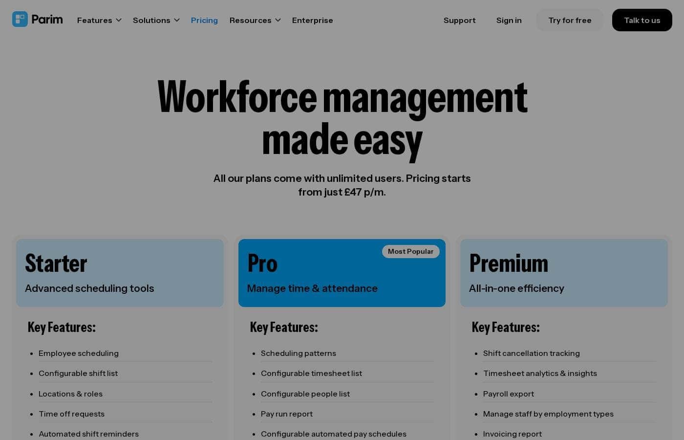 Capture d'écran de la page tarifs de Parim Workforce Software
