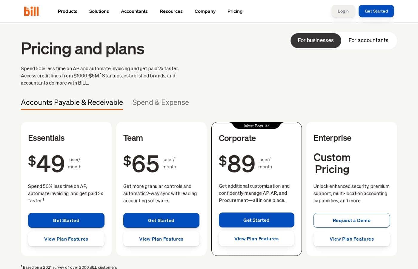 BILL pricing page screenshot