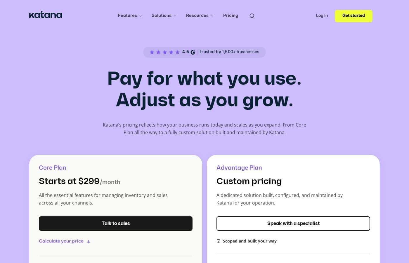 Katana MRP pricing page screenshot