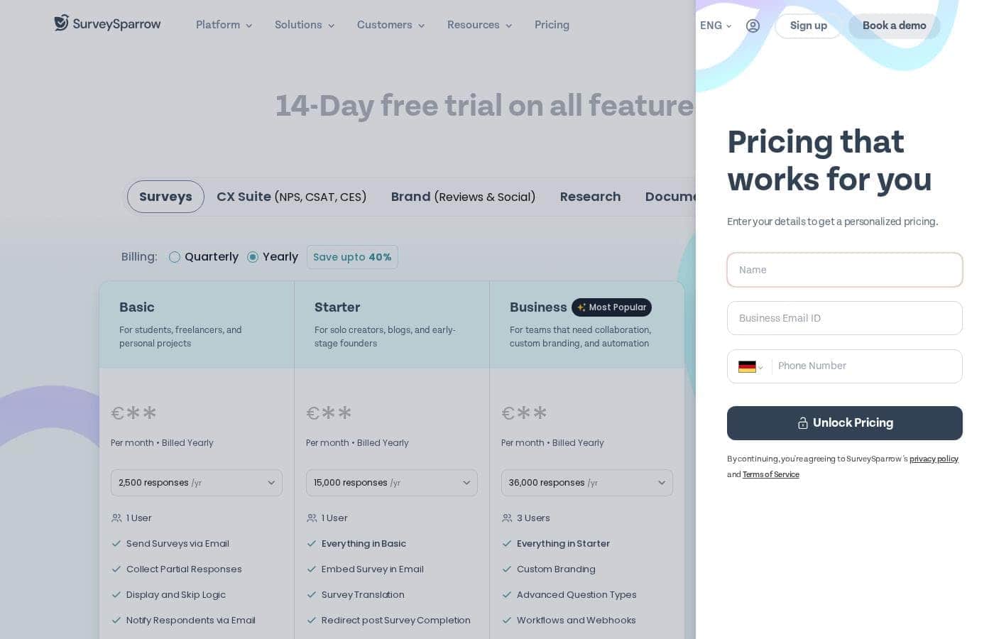 SurveySparrow pricing page screenshot