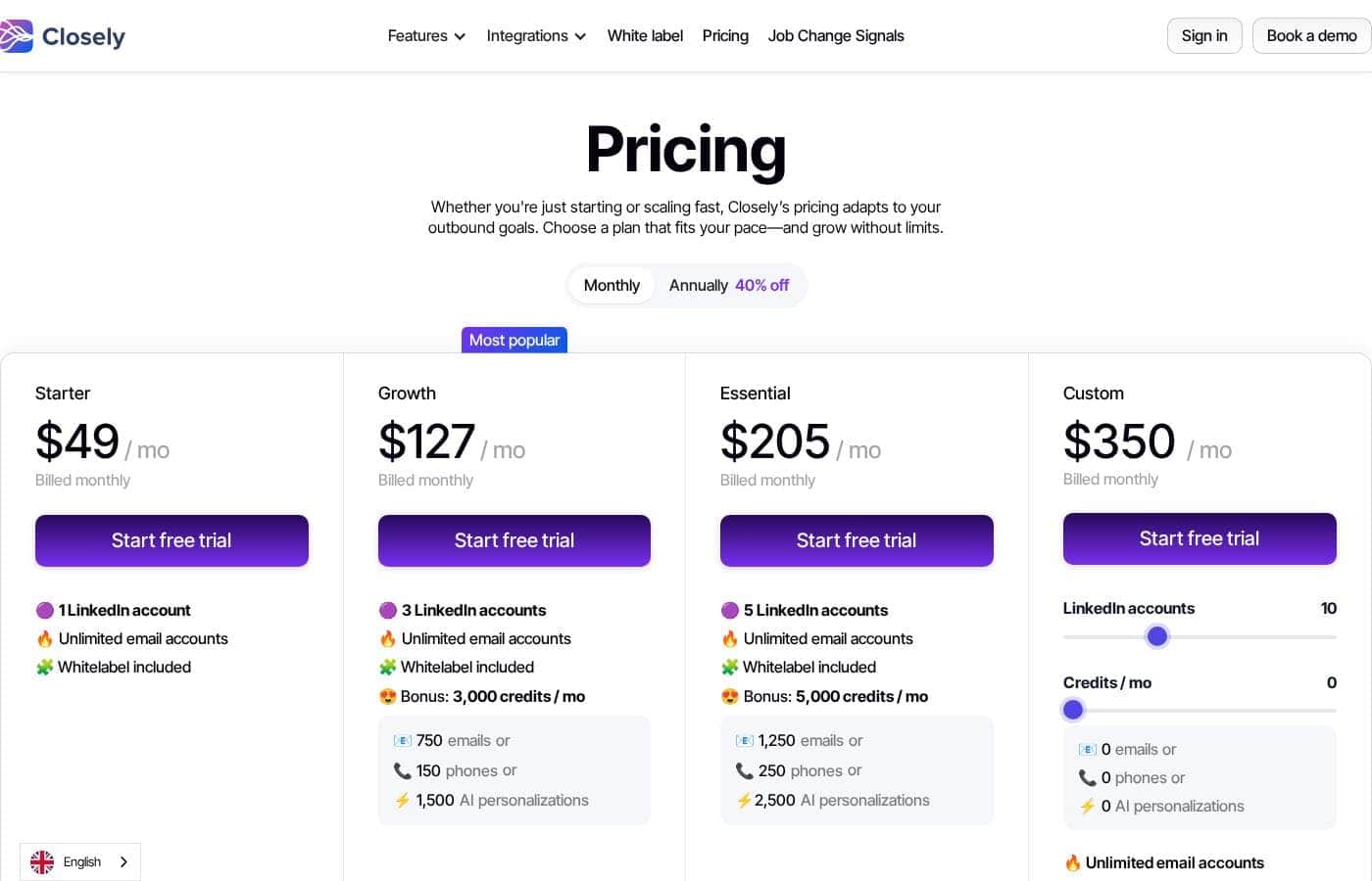 Closely pricing page screenshot