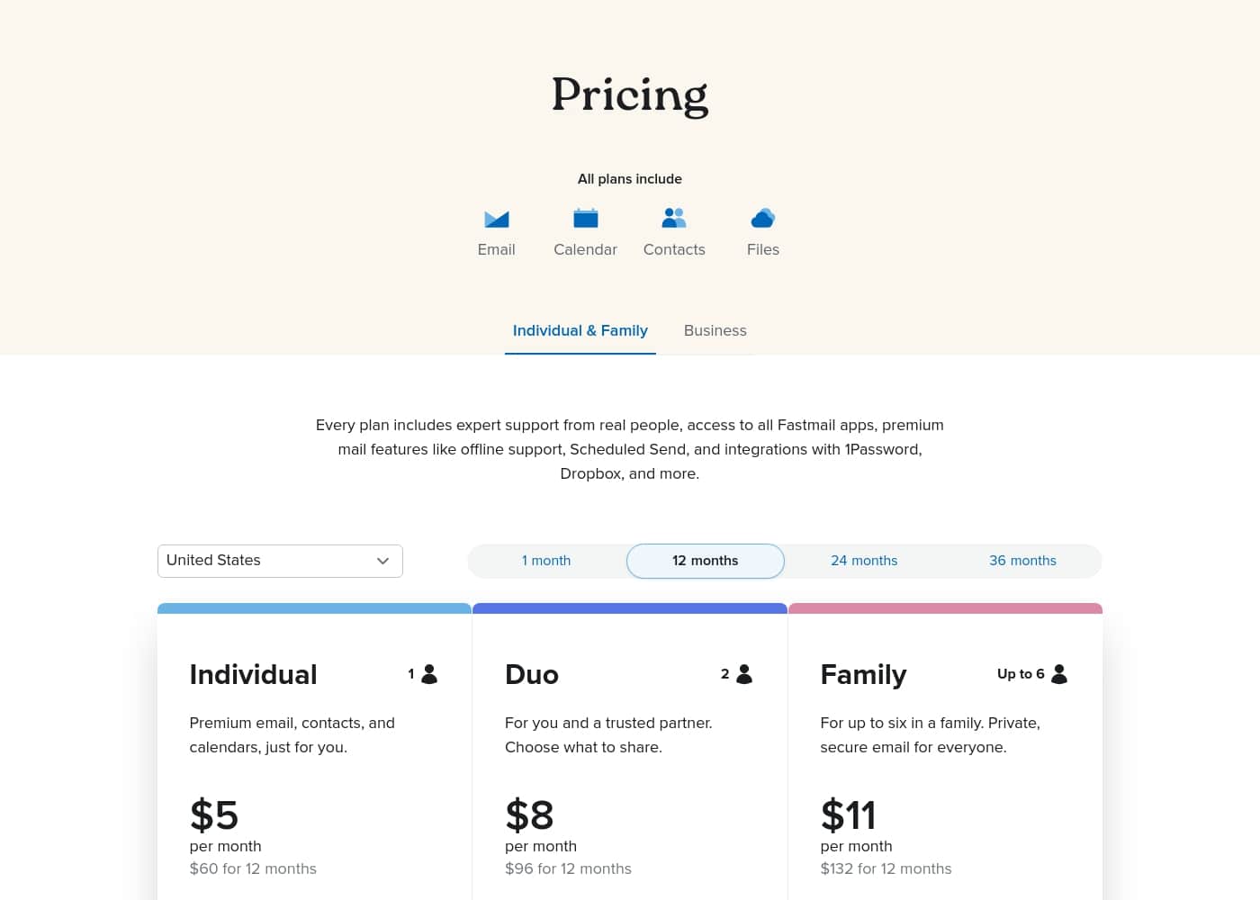 Fastmail pricing page screenshot