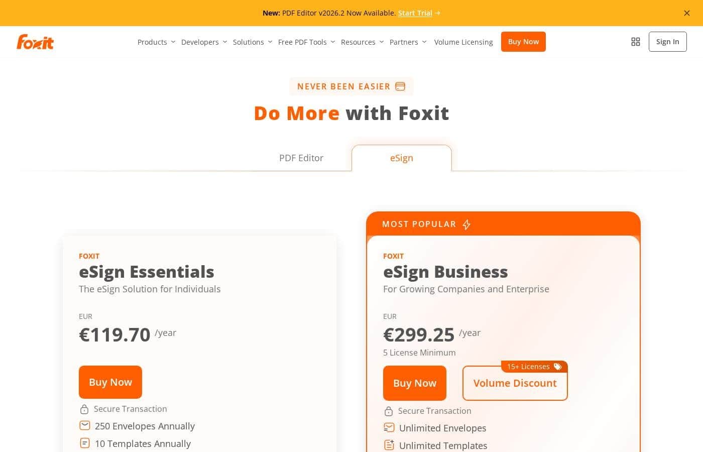 Foxit esign pricing page screenshot
