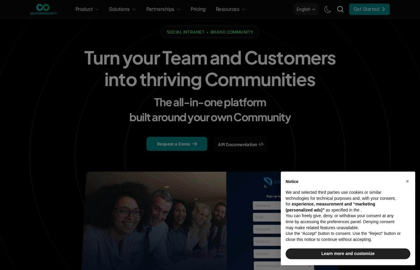 Captura de pantalla de la página de inicio de SelfCommunity