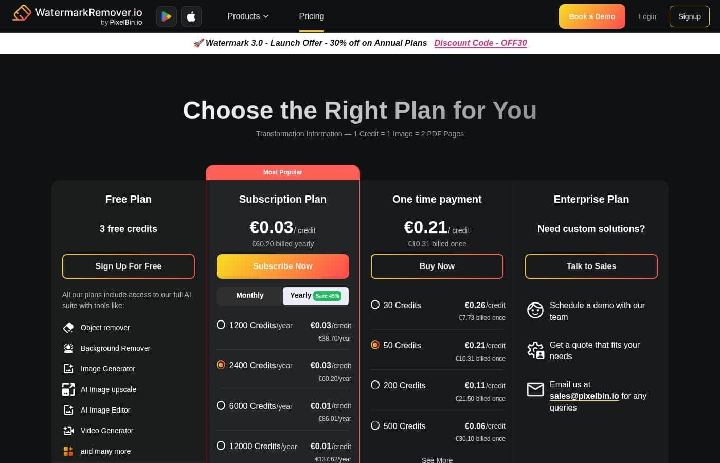 WatermarkRemover.io pricing page screenshot