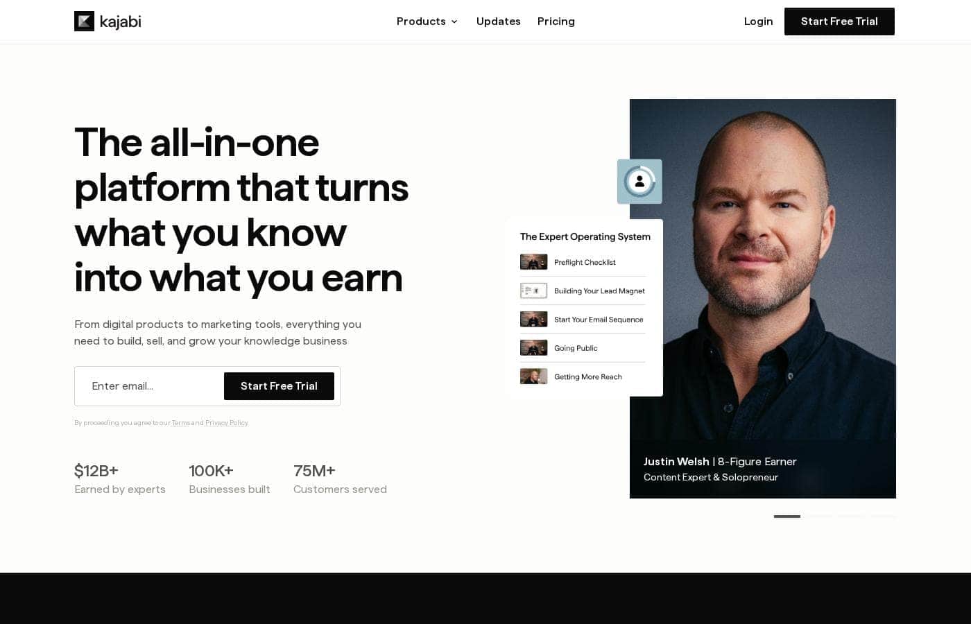 Screenshot della homepage di Kajabi