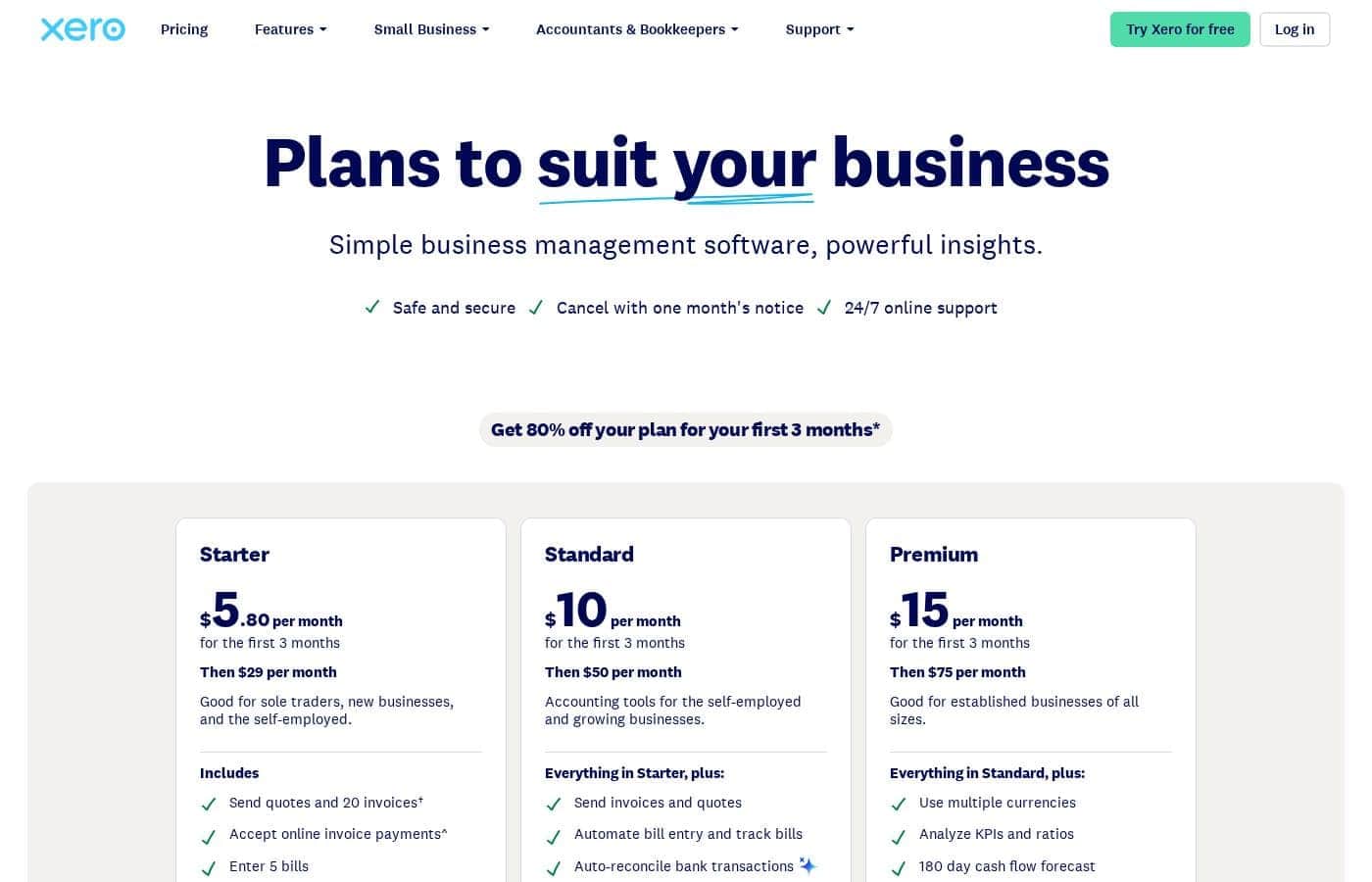Xero pricing page screenshot