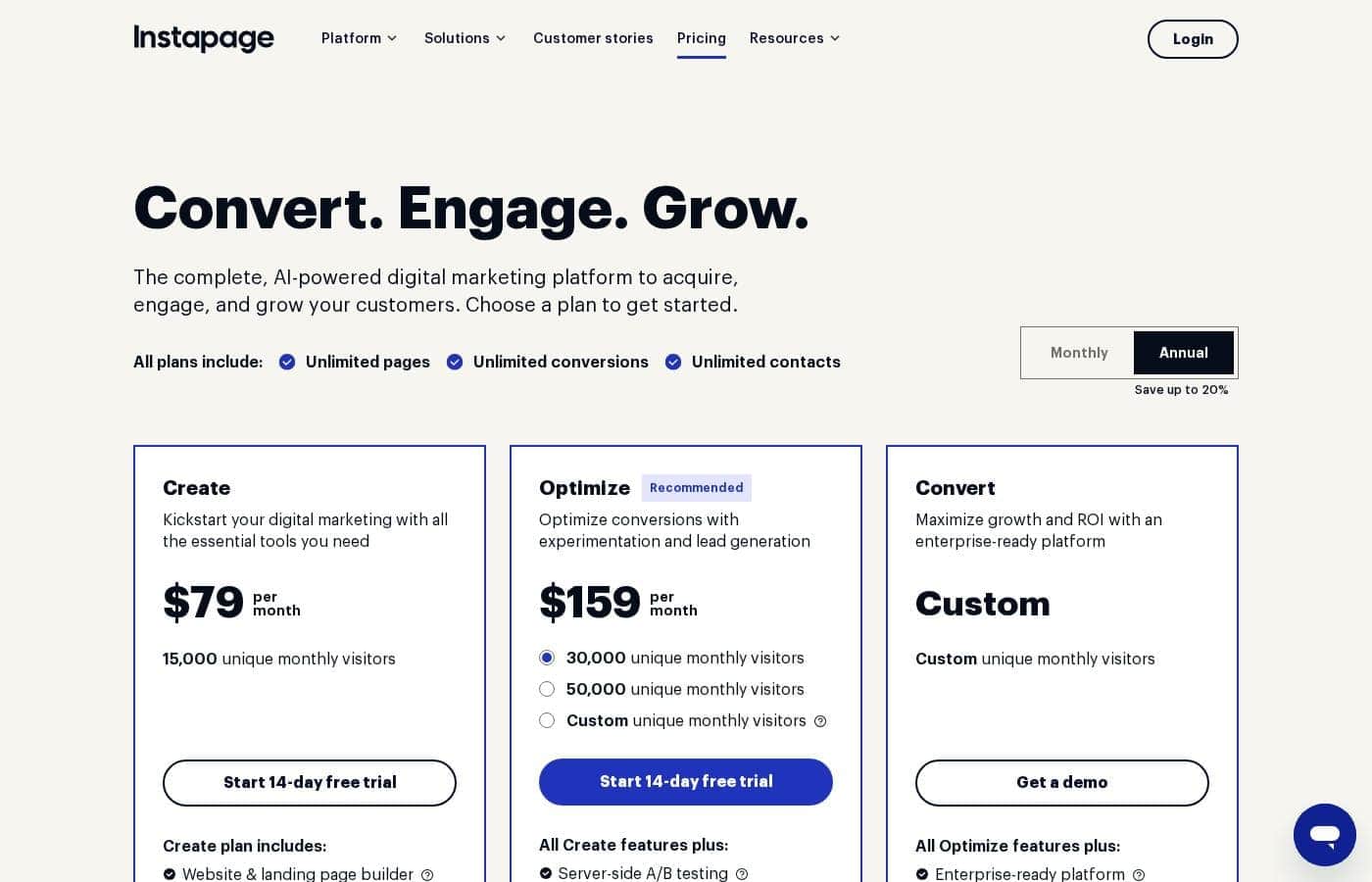 Instapage pricing page screenshot