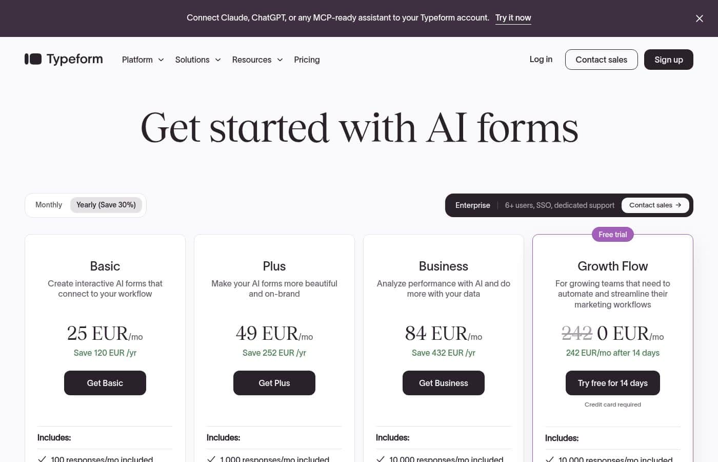 Capture d'écran de la page tarifs de Typeform