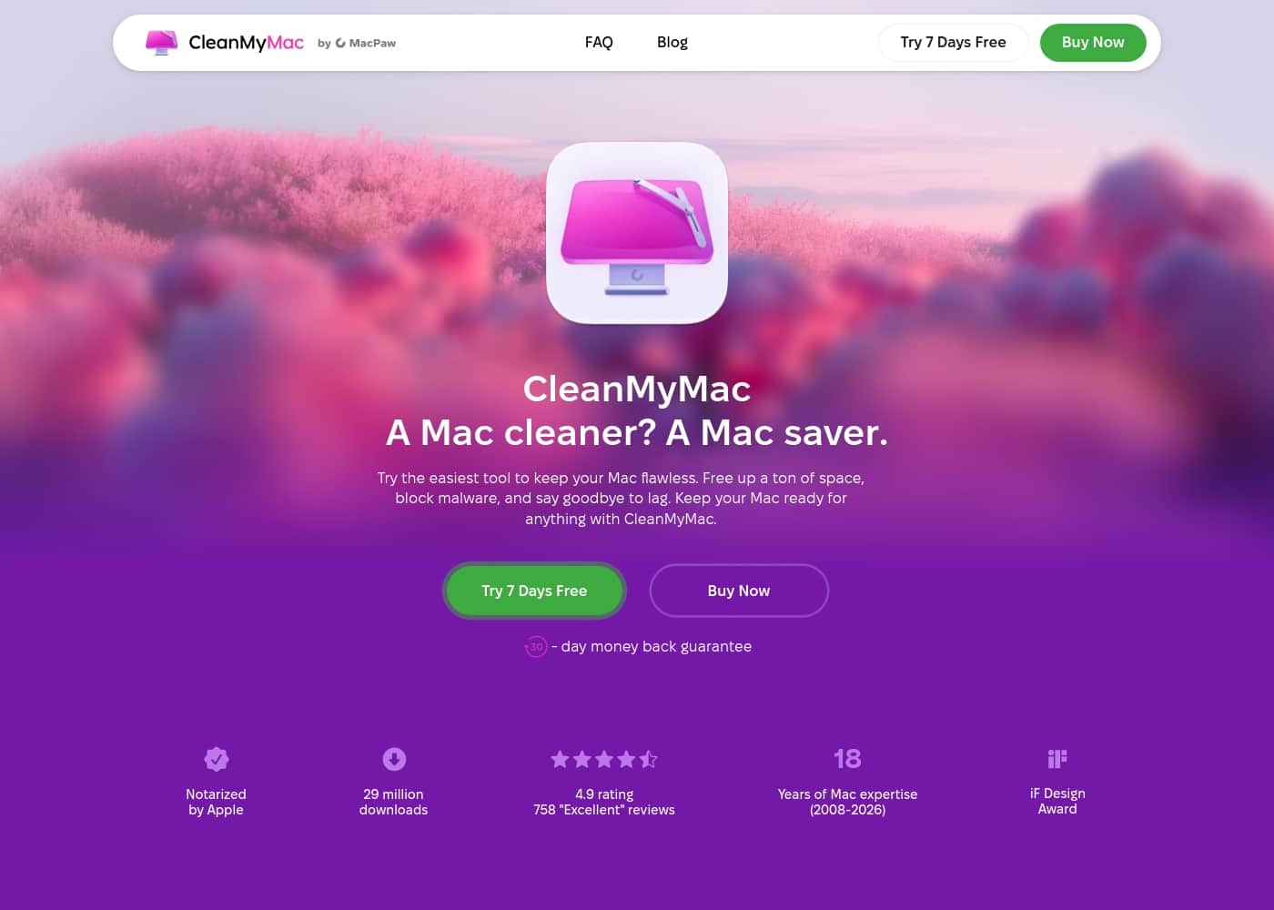 CleanMyMac X homepage screenshot