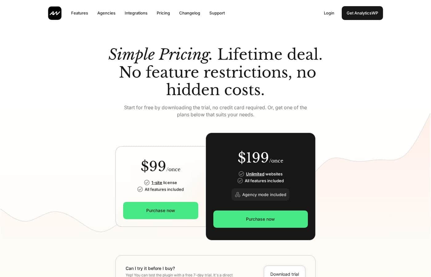 AnalyticsWP pricing page screenshot