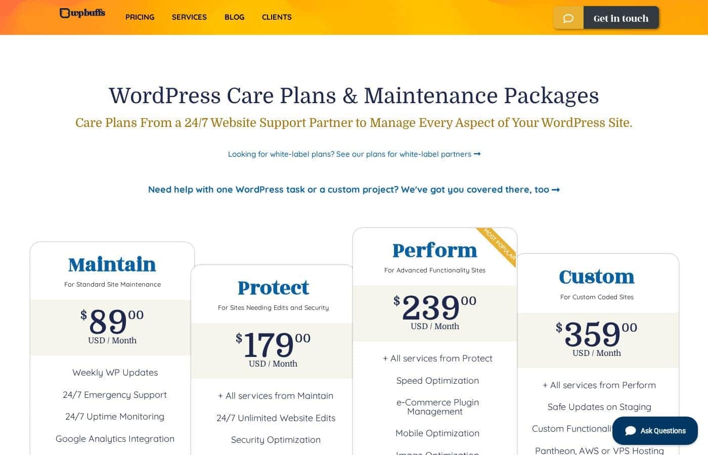 WP Buffs pricing page screenshot