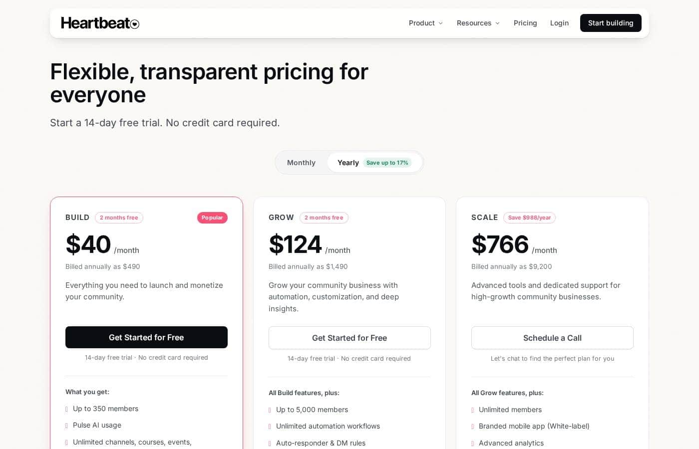 Heartbeat pricing page screenshot