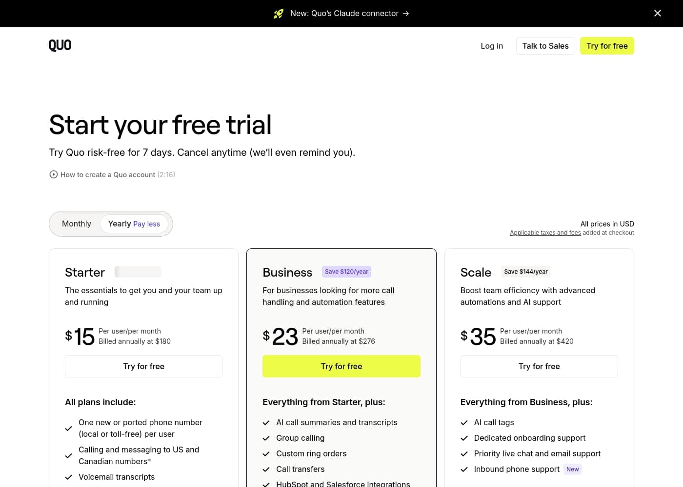 Quo (formerly OpenPhone) pricing page screenshot