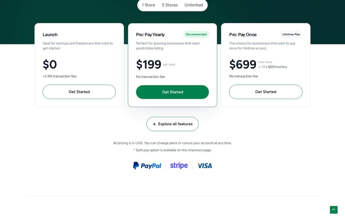 SureCart pricing page screenshot