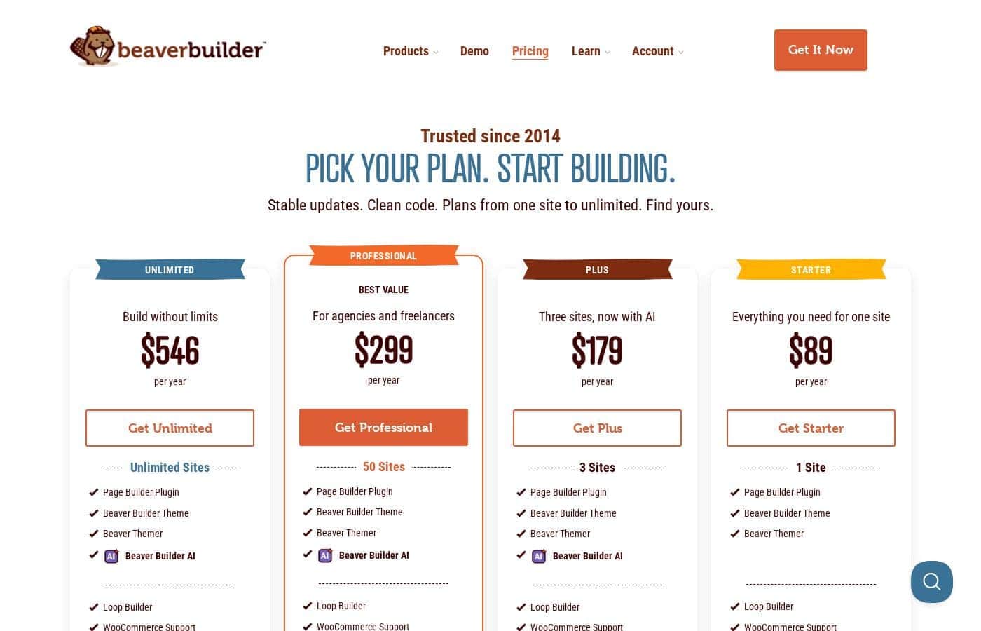 Captura da página de preços do Beaver Builder