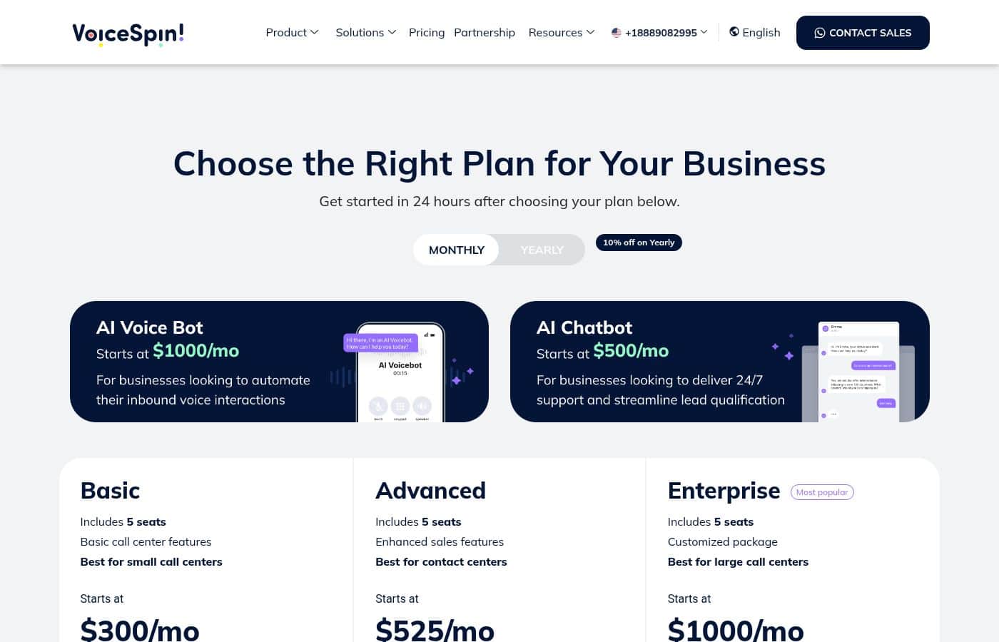 VoiceSpin pricing page screenshot