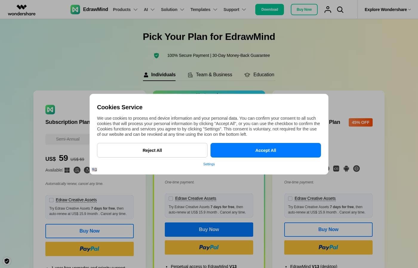 EdrawMind pricing page screenshot