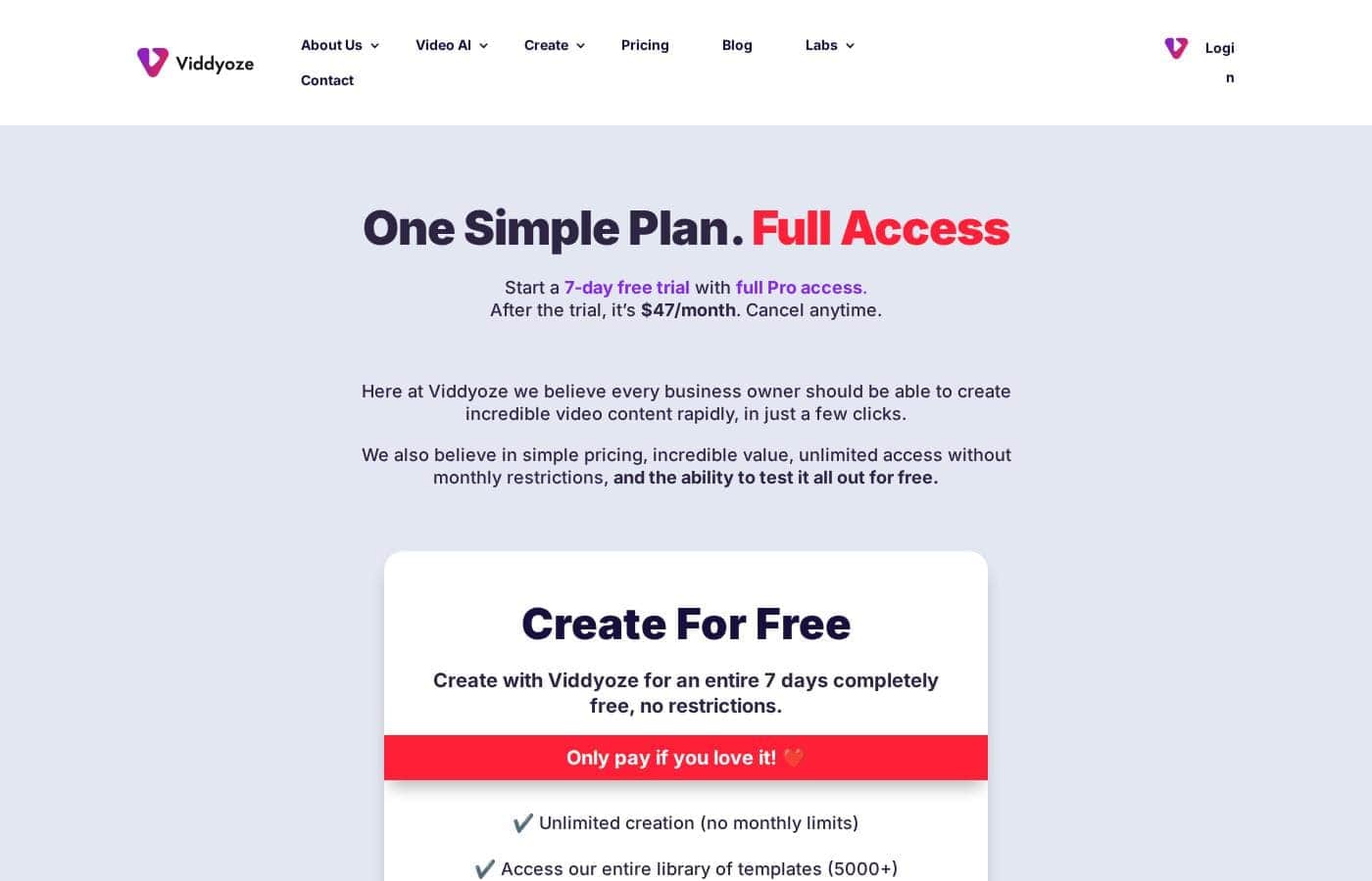 Viddyoze pricing page screenshot