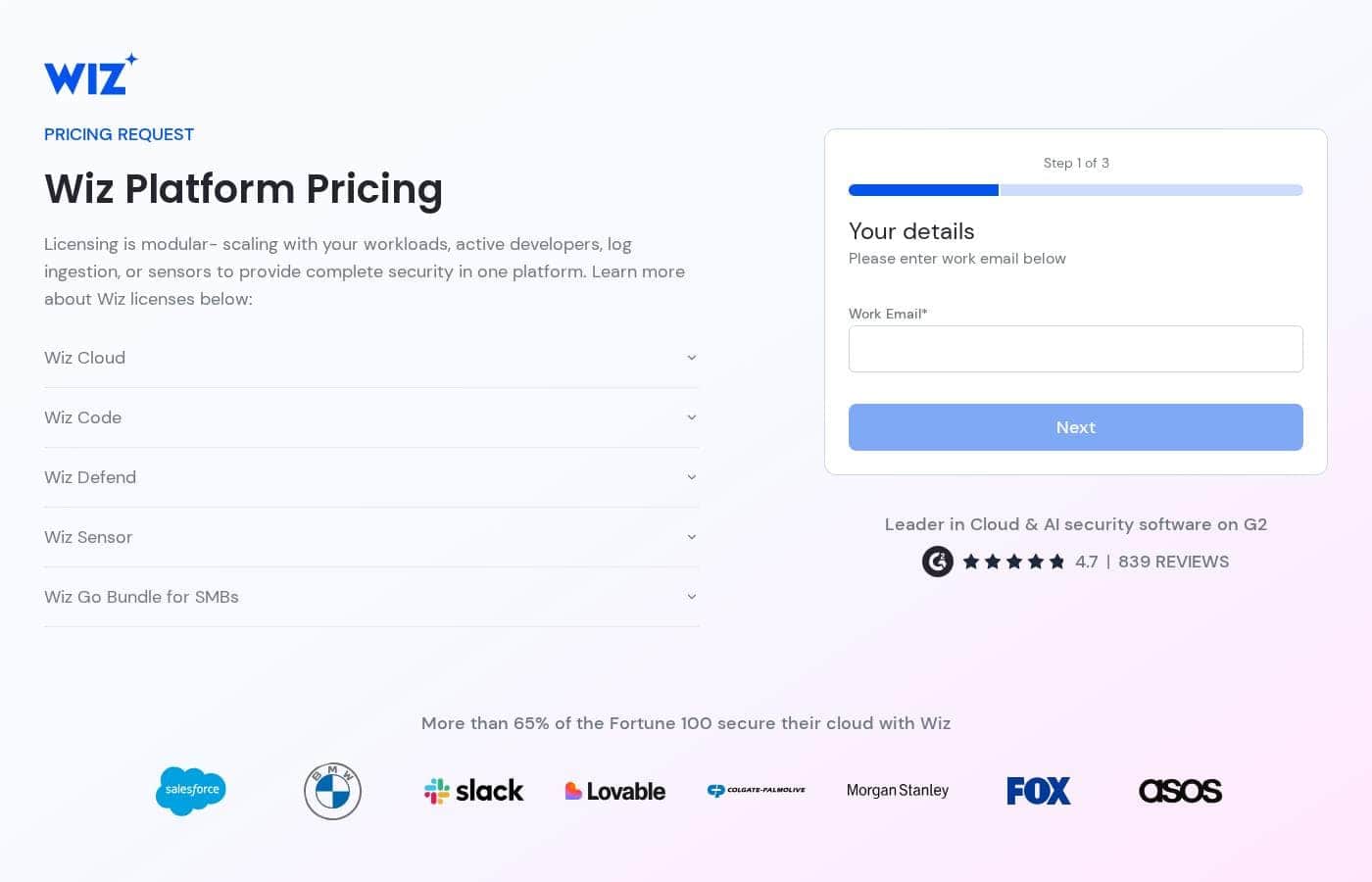 Wiz pricing page screenshot