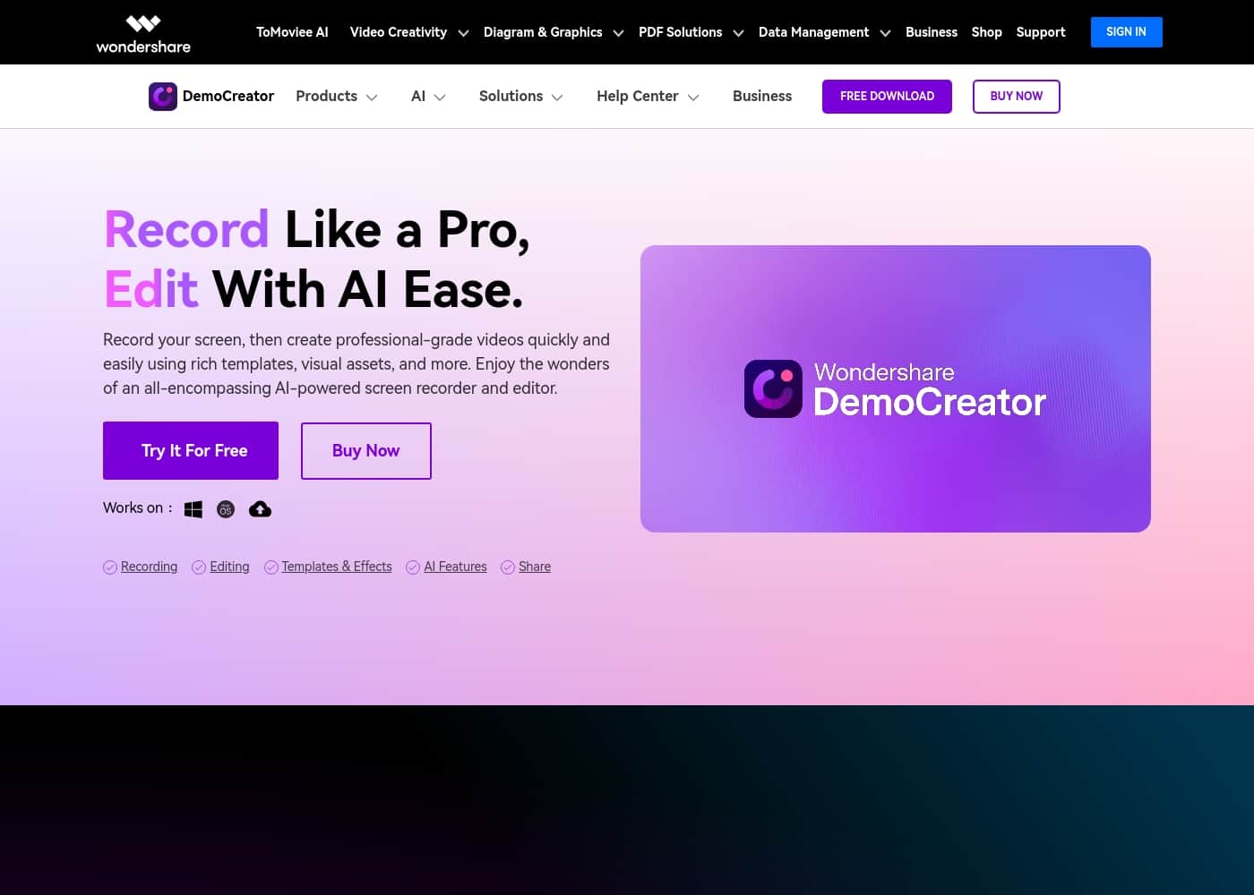 Captura de pantalla de la página de inicio de DemoCreator