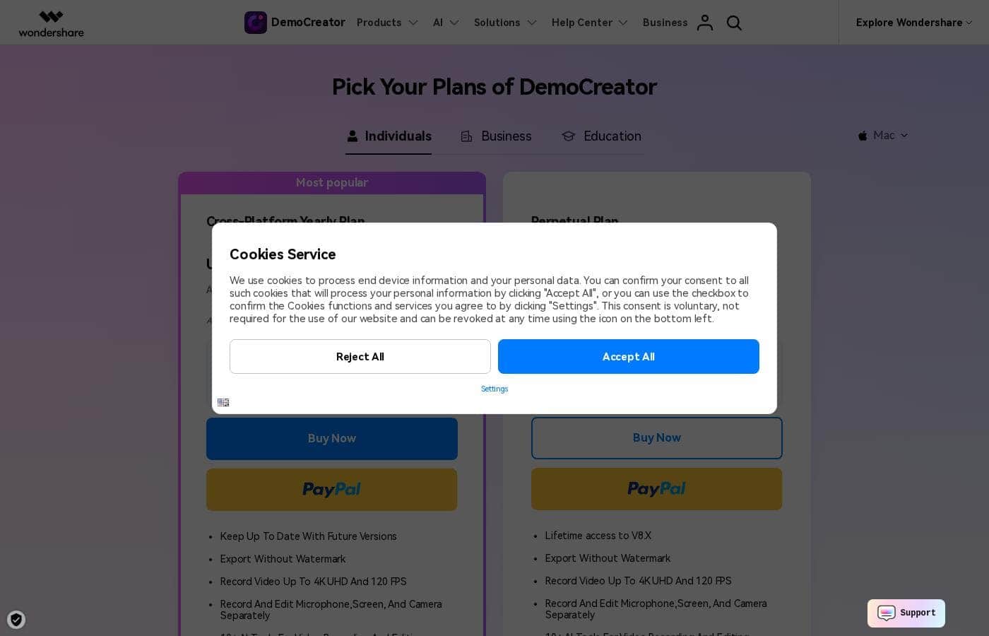 Screenshot der Preisseite von DemoCreator