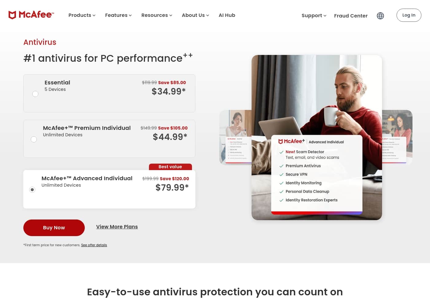 McAfee Antivirus homepage screenshot