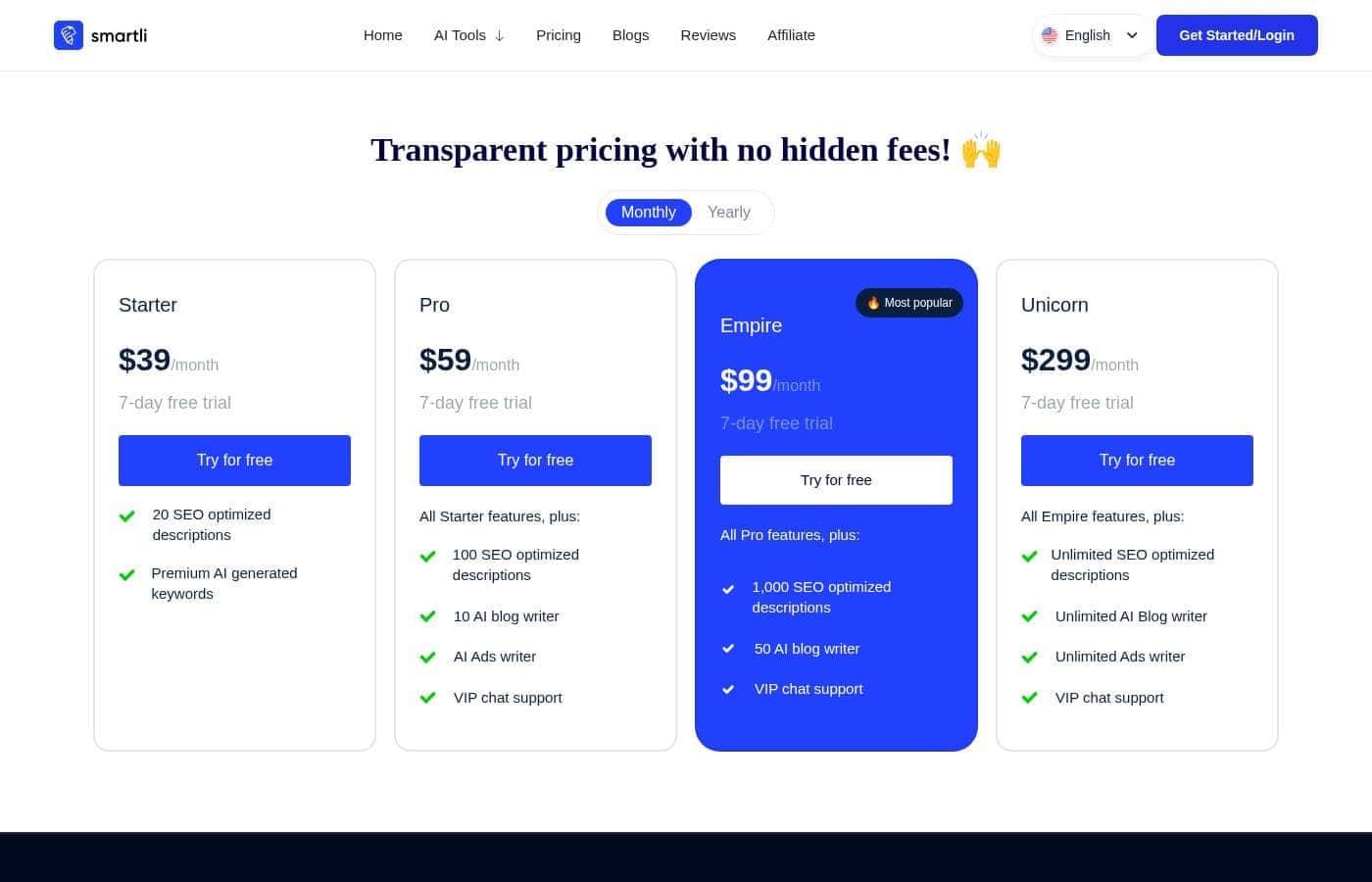 Smartli pricing page screenshot