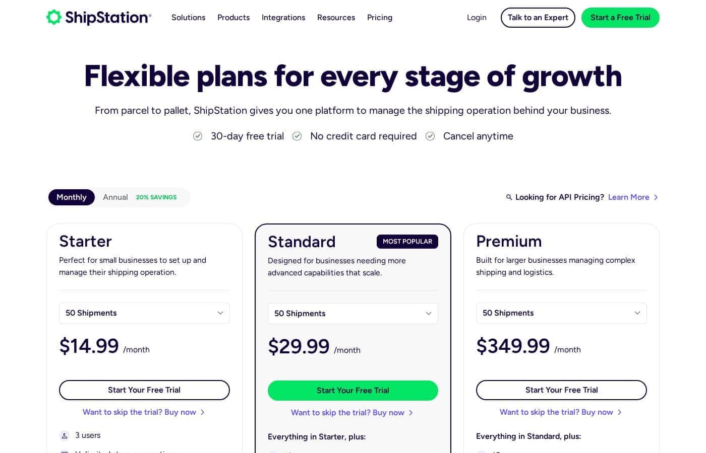 ShipStation pricing page screenshot