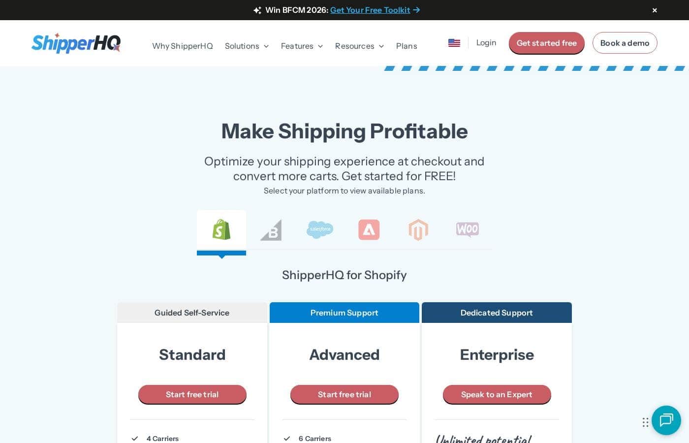 Screenshot della pagina prezzi di ShipperHQ
