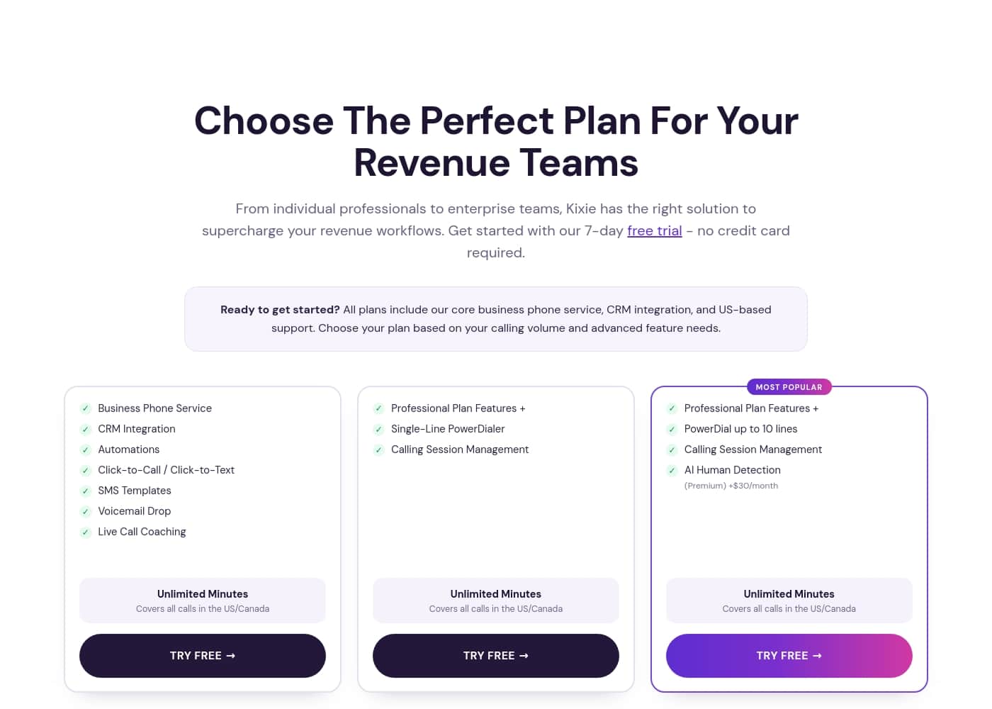 Kixie pricing page screenshot