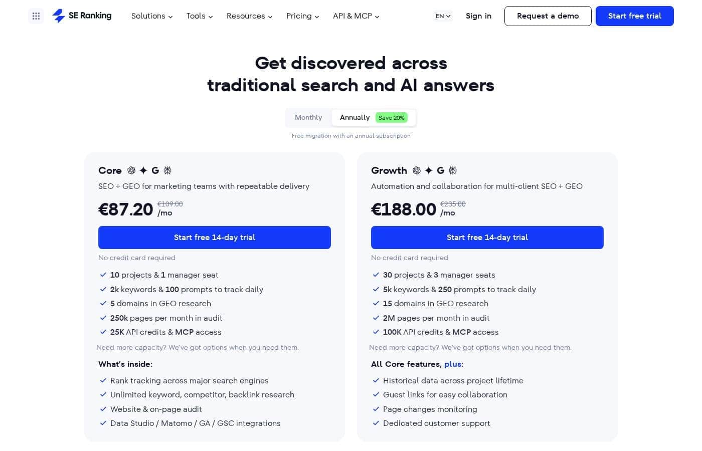 SE Ranking pricing page screenshot