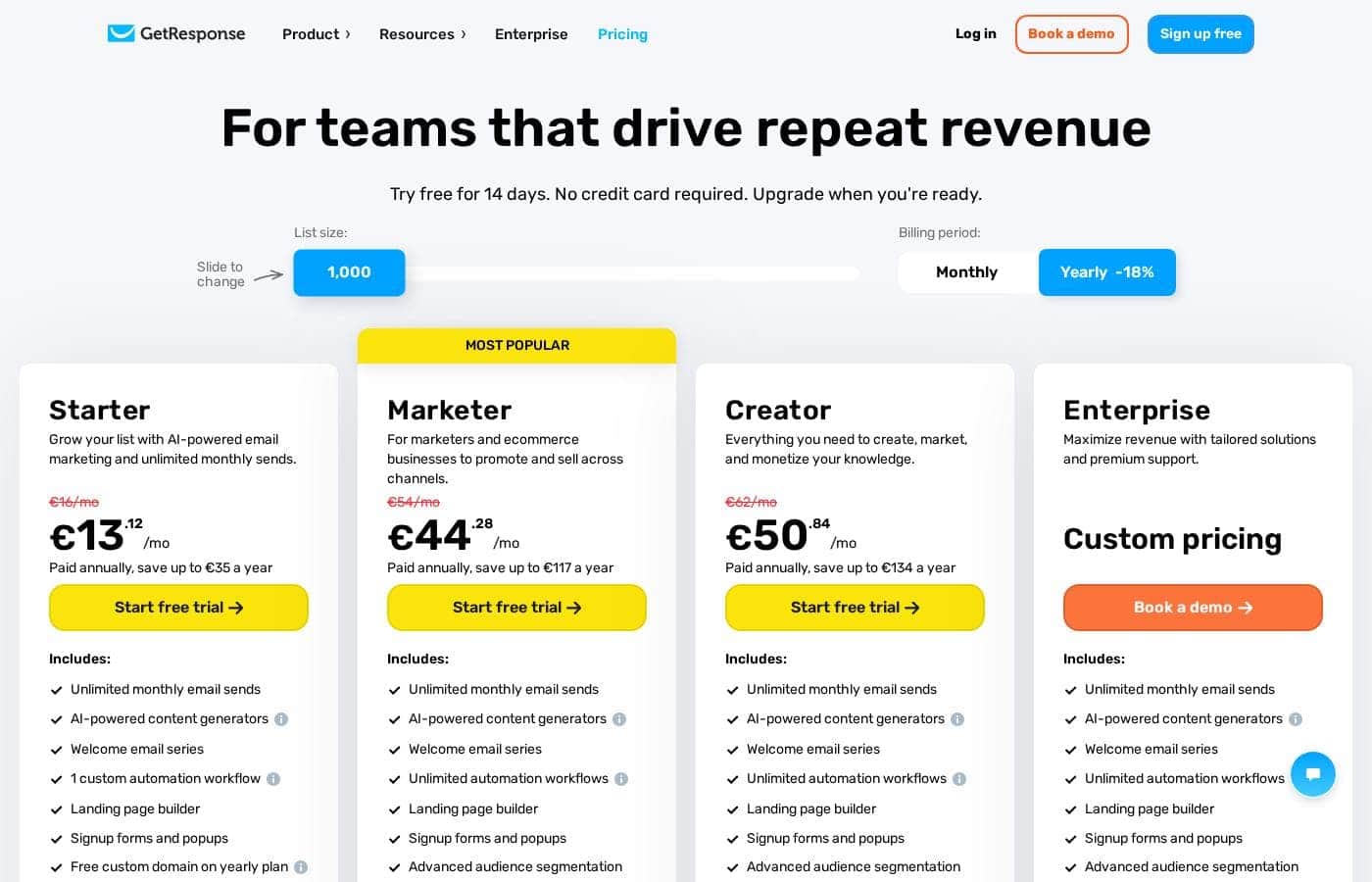 GetResponse pricing page screenshot