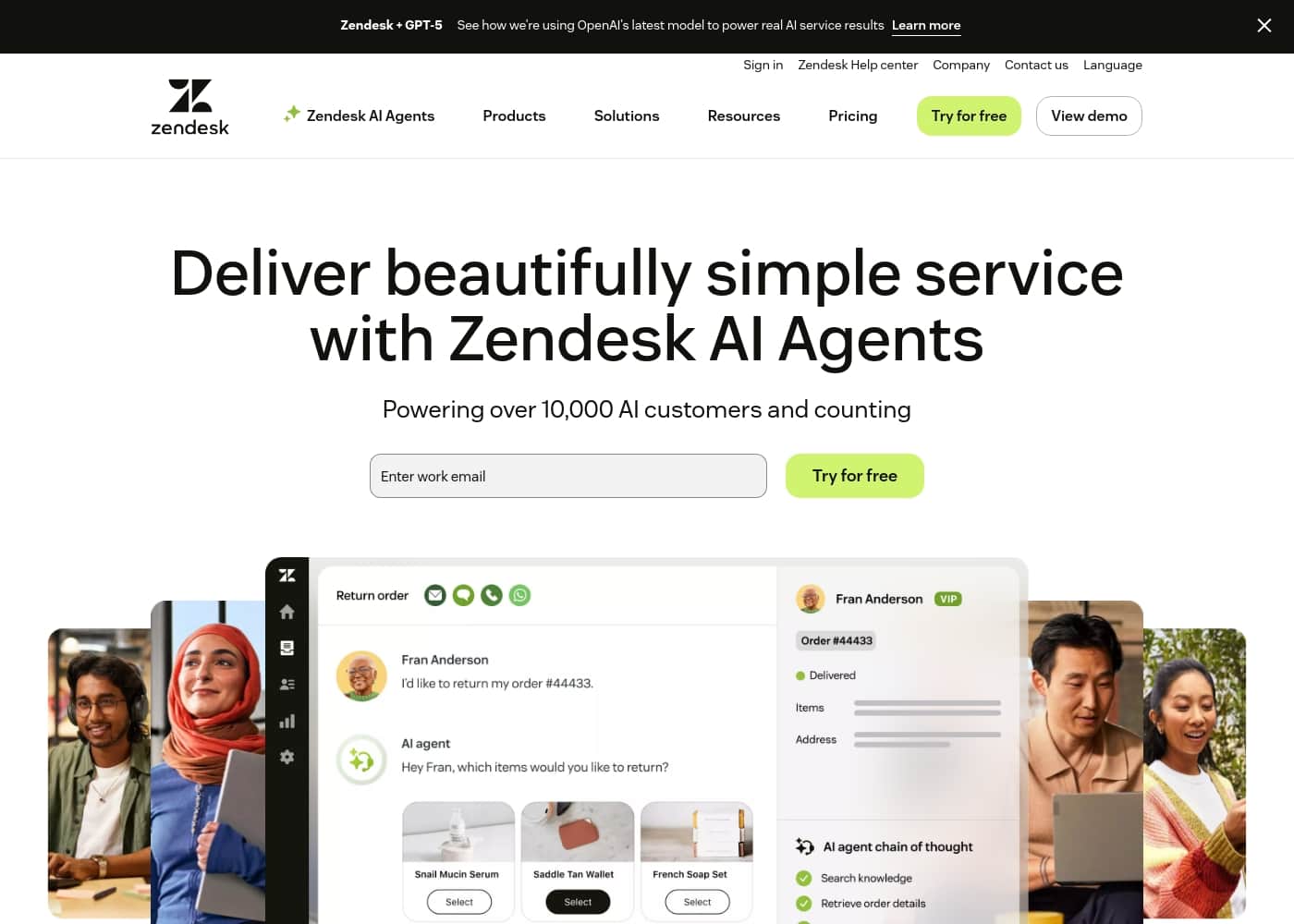 Captura de pantalla de la página de inicio de Zendesk