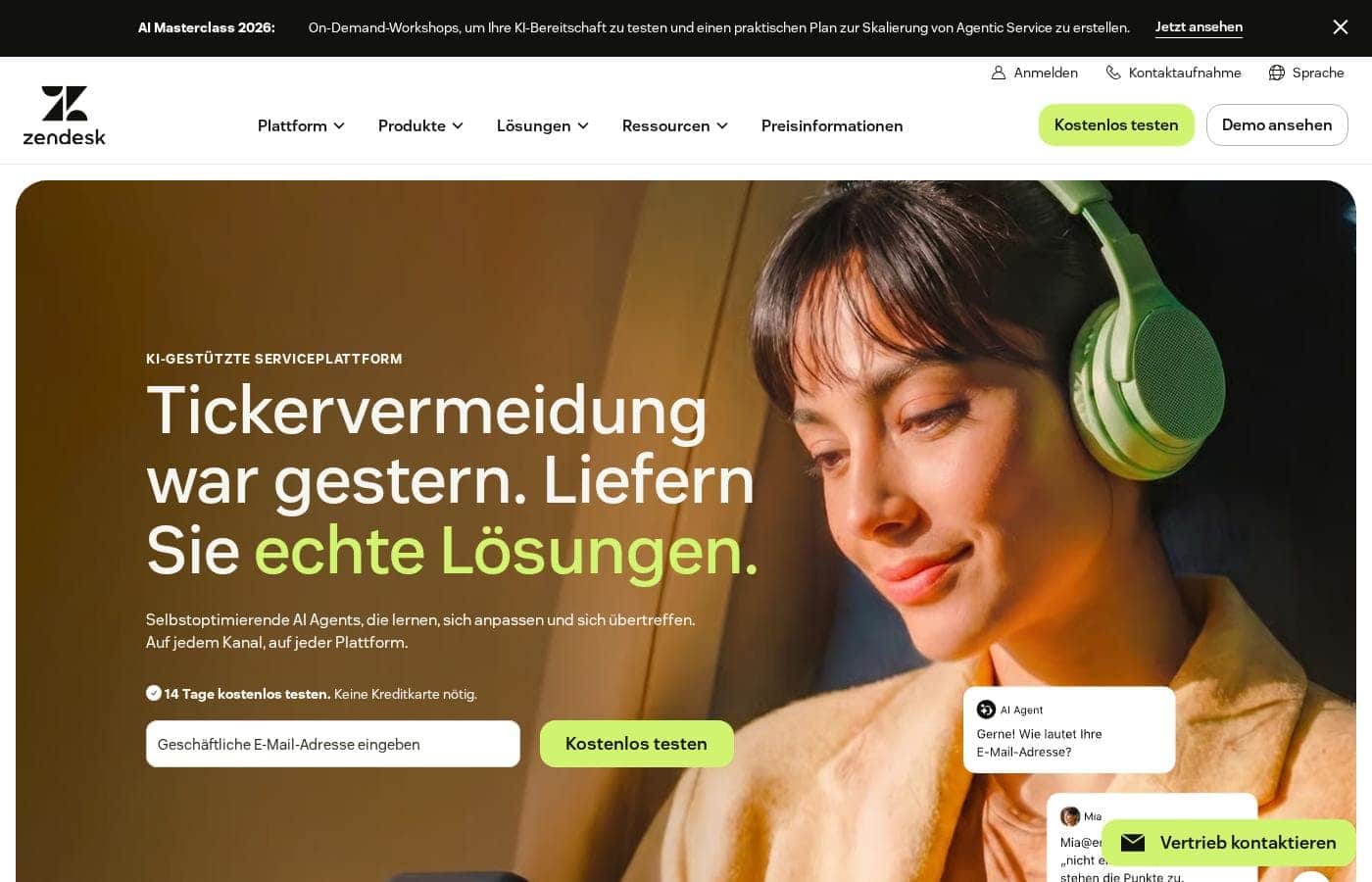 Capture d'écran de la page d'accueil Zendesk