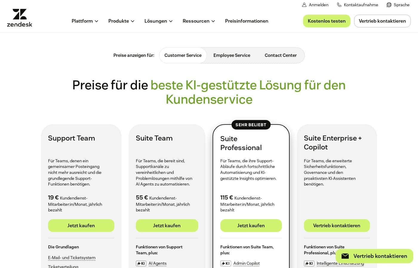 Capture d'écran de la page tarifs de Zendesk